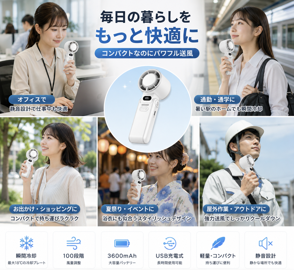 🔥【2026年夏最新モデル】3秒瞬間冷却ハンディファン｜100段階風量調整・3600mAh大容量バッテリー・数量限定